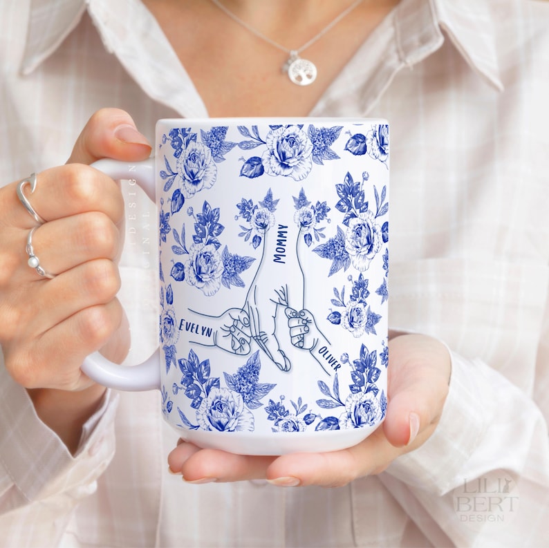 custom mug add your names, gift for grandma, gift for mom, gift for twin mom, Trandy gift for crhistmas , Grandchildrens names Mothres Day Gifts 15 oz  Blue Ceramic Mug