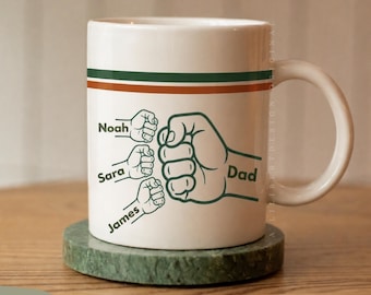 Fist Bump Dad Mug Personalized With Kids Names, Custom Father's Day Coffee Cup, Boy Dad Gift From Daughter Son, Papa Birthday Present