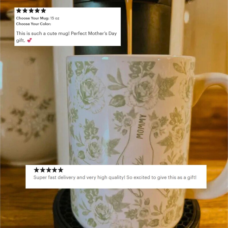 May include: White ceramic mug with a floral pattern in shades of green. The mug has the word "MOMMY" printed on it. The mug is 15 oz.