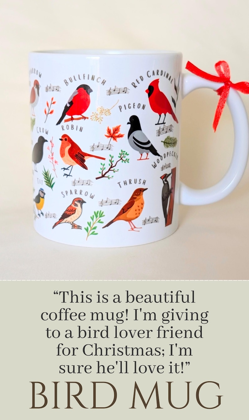 White ceramic coffee mug featuring colorful bird illustrations, including species like the Robin, Red Cardinal, Bullfinch,Sparrow, and Woodpecker. Each bird is labeled with its name, accompanied by small decorative musical notes and botanical details