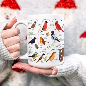 May include: White ceramic mug with a colorful illustration of different birds, including a sparrow, robin, bullfinch, red cardinal, pigeon, tit, thrush, and woodpecker. The birds are depicted with musical notes, suggesting a theme of bird songs.