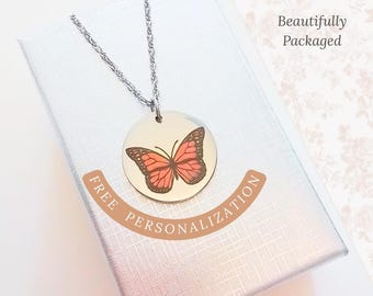 Design Personalized Pendant with Name on Back, Memorial Gift for Botarel Lover or Spiritual Woman Butterfly Necklace with Engraved Monarch