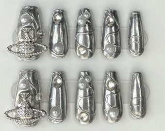 Long Punk Rock Metallic Chrome Long Coffin Press On Acrylic Handmade Nails