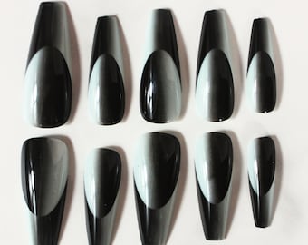 Black and White Double Colored Ombre Instant False Press On Long Coffin Nails