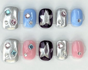 Short Square Pink, Blue, and Black Rockstar Crystal Short Square False Press on Acrylic Handmade Nails