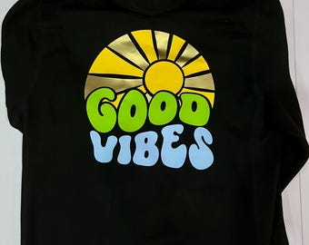 Cosy Good Vibes Sunset Sunburst Cross Neck Hoodie with Thumbholes and Kangaroo Pouch