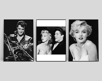 May include: Three black and white photographs of famous celebrities. The first photo shows Elvis Presley playing a guitar. The second photo shows Marilyn Monroe and a man. The third photo shows Marilyn Monroe looking at the camera.