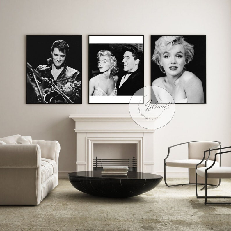 Marilyn Monroe and Elvis Presley Poster Print, Black and White Art