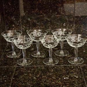 Vintage Etched Champagne Coupes (Set of 6), Champagne Glasses, Etched glassware