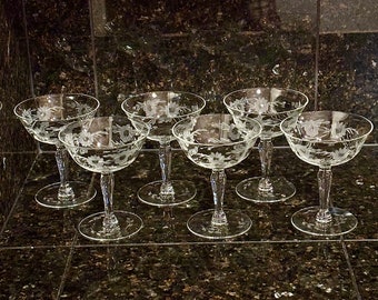 Vintage Etched Champagne Coupes (Set of 6), Champagne Glasses, Etched glassware