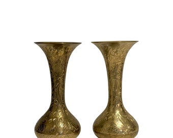 Vintage Brass Vases, Etched Floral Design Brass Vase, Rose Bud Vases, Brass Decor