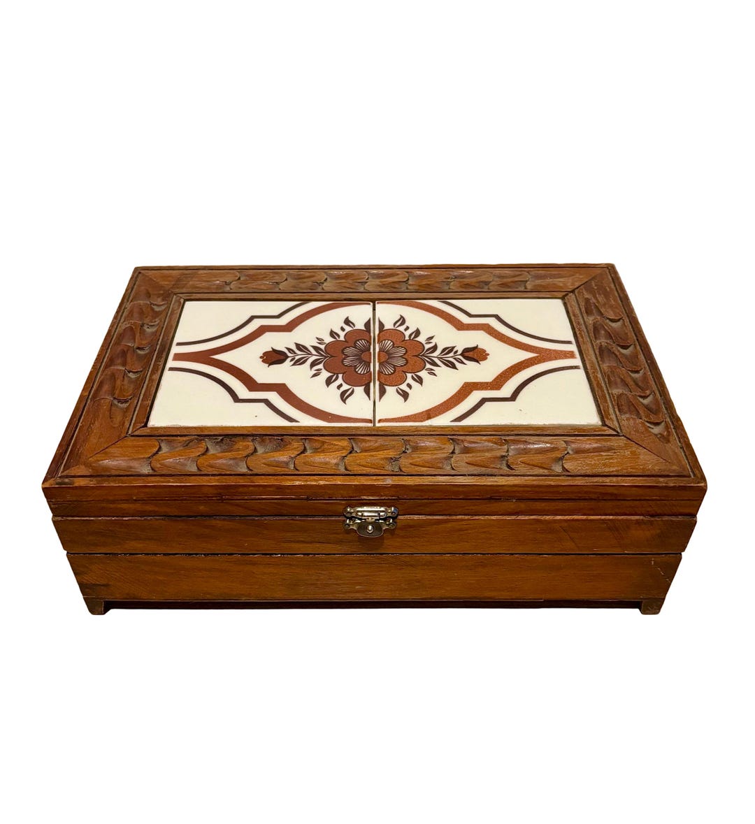 Vintage New Mexican Wooden Tile Inlay Box, Handcrafted Floral Inlay ...