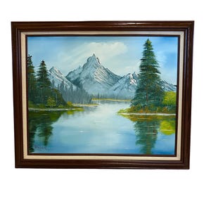 Vintage Original Mountain Landscape Oil Painting, Signed Artwork by Reinig, Snowy Mountain Peaks Wall Hanging, Framed Rustic Wall Art