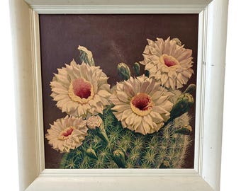 Lámina vintage enmarcada de cactus – Arte mural botánico del desierto con flores