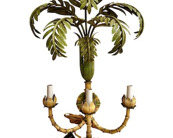 Antique French Faux Bamboo Palm Leaf Wall Sconce, Hollywood Regency Tole Light