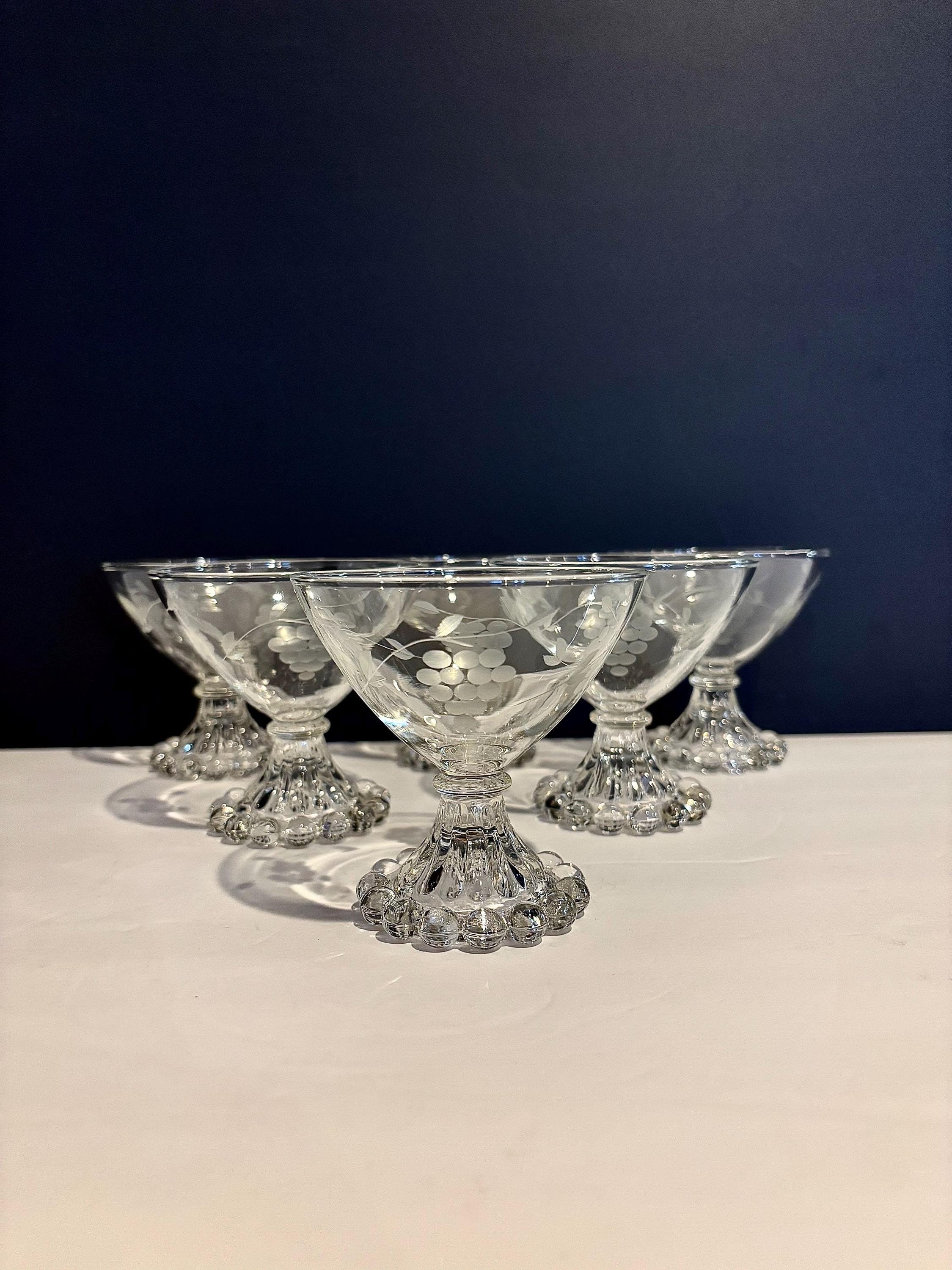 Vintage Anchor Hocking Grape Motif Etched Boopie Footed Glasses (Set of 6), Bubble Footed Martini Glasses, Retro Boopie Cocktail Glasses