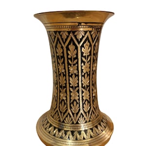 Etched Brass Vase: Vintage Indian Floral Inlay, Boho Home Decor