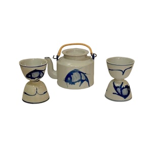 Vintage Chinese Porcelain Tea Set with Koi Fish, Hand Painted Teapot & Cups, Blue and White Ceramic Tea Set, Asian Tea Ceremony Gift