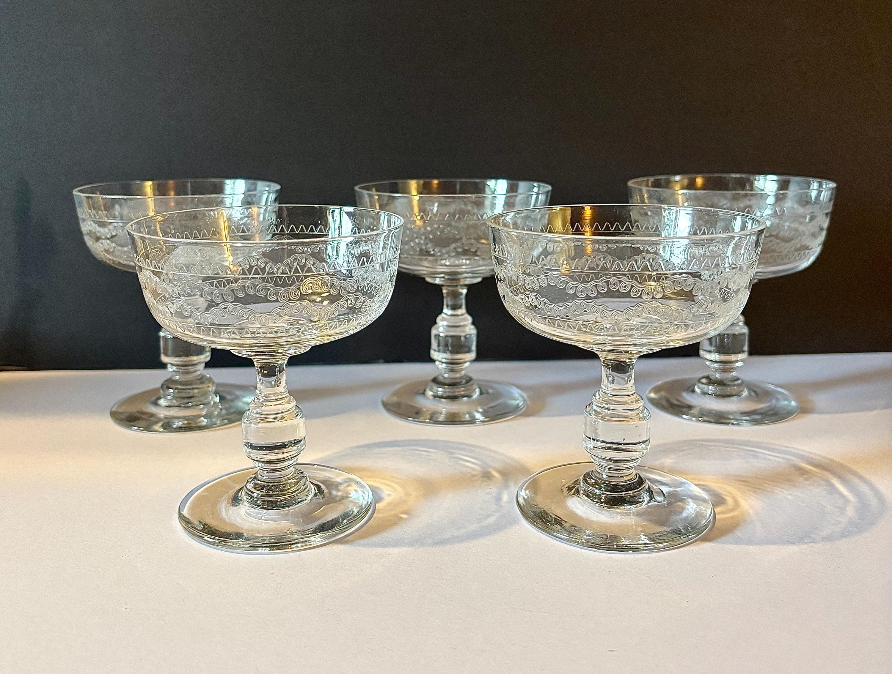 Vintage French Etched Glass Champagne Coupes (Set of 5), French Cocktail Glasses, Paris Flea Market Glasses, Elegant Art Deco Style Stemware