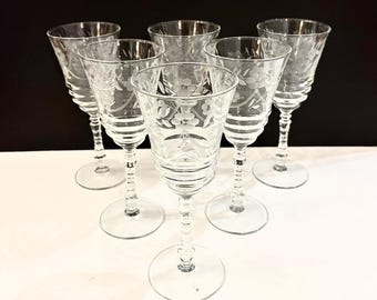 Vintage Libbey Rock Sharpe Arctic Rose Wine Glasses, Set of 6
