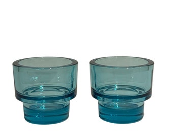 Bougeoirs en verre turquoise vintage (paire), bougeoirs, bougeoirs