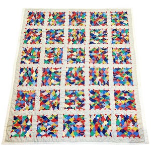 Vintage Patchwork Quilt: Handmade Scrap Fabric Throw Blanket, 1970s Retro Bedspread