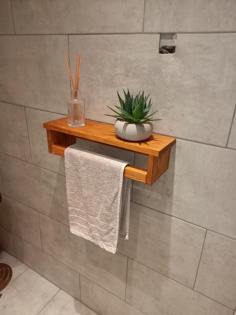 Wooden Towel Rail With Shelf in Various Stain Colours, Finished in a