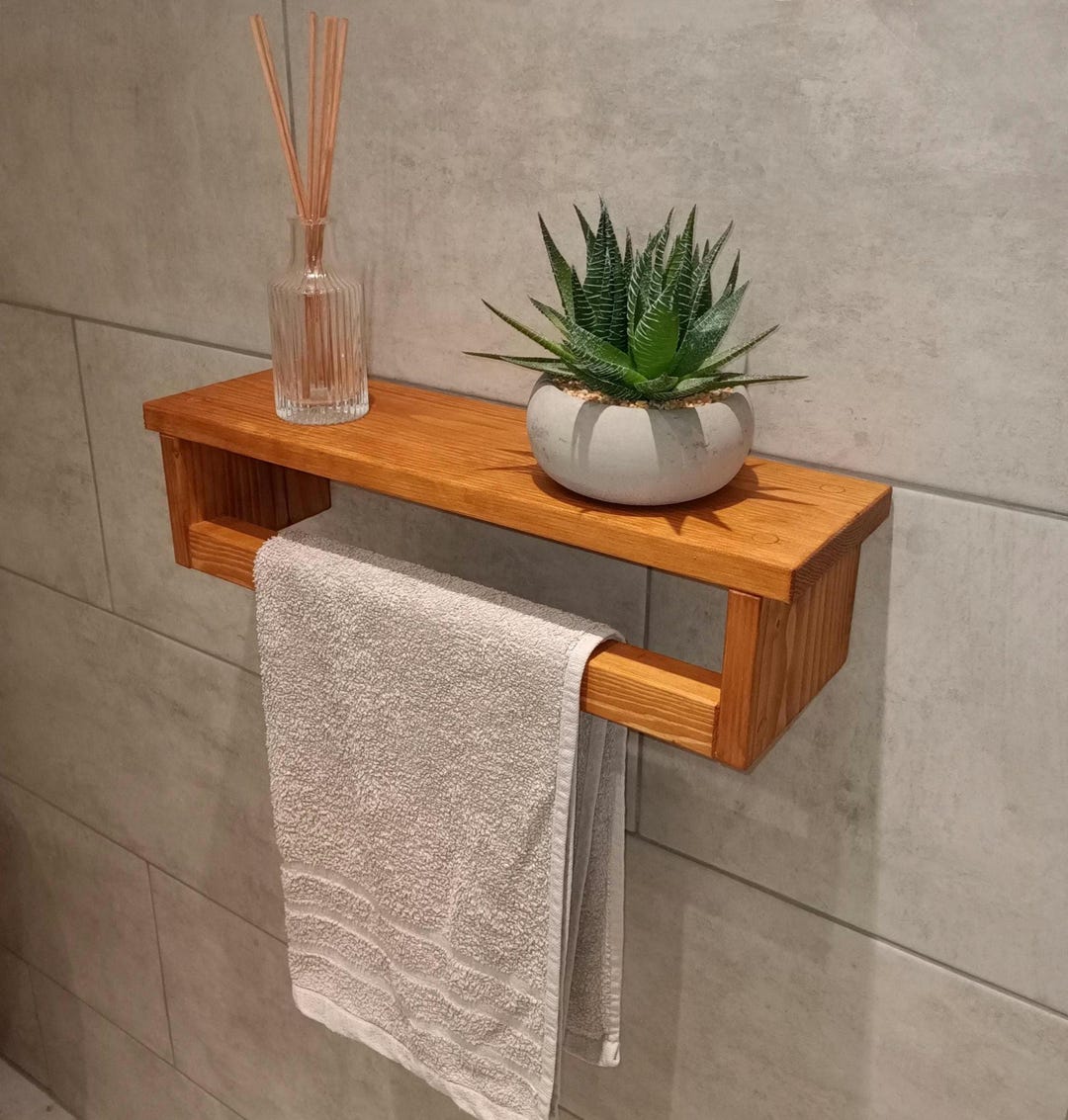 Wooden Towel Rail With Shelf in Various Stain Colours, Finished in a