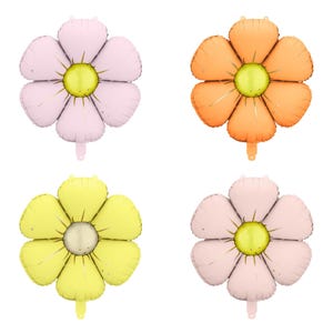 Set of four pastel flower-shaped foil balloons in pink, orange, yellow, and beige colors, ideal for spring parties, garden-themed events, baby showers, and wedding decorations