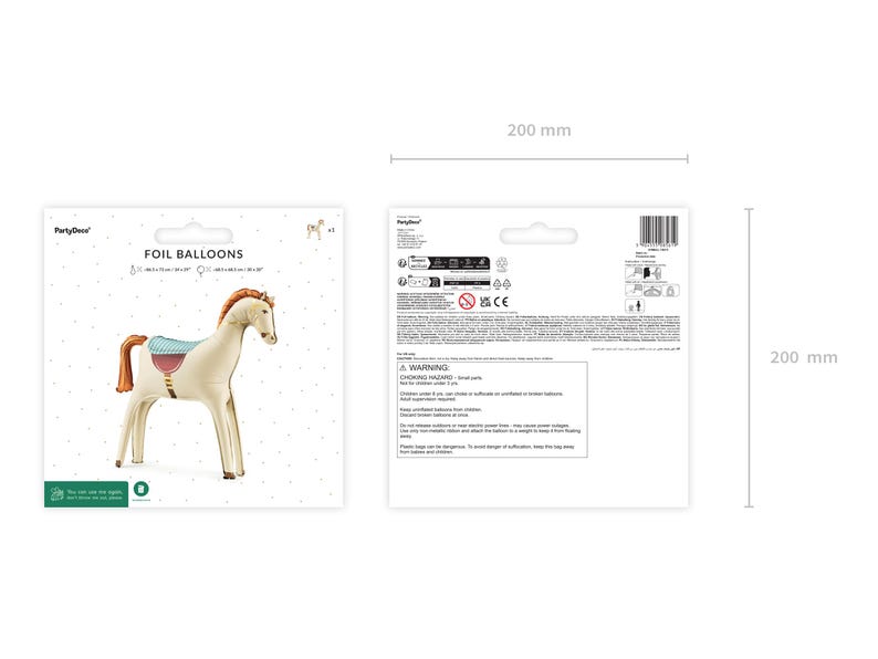 Puede incluir: Globo de aluminio con forma de caballo. El caballo es de color crema con crin y cola marrones, y una silla de montar azul y roja. El embalaje es blanco con las palabras "FOIL BALLOONS". El globo mide 46 x 74 cm.
