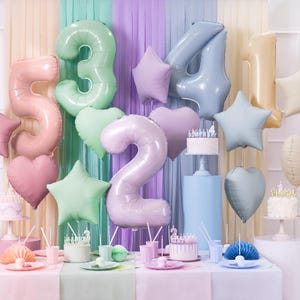 K&ouml;nnte beinhalten: Ein Geburtstagstisch im Pastellton mit Ballons in Form von Sternen und Zahlen, darunter eine gro&szlig;e Zahl 2, 3, 4, 5 und 1. Es gibt zwei Kuchen mit Kerzen, einer mit einer Krone oben drauf. Der Tisch ist mit einer rosa Tischdecke bedeckt und hat eine Vielzahl von pastellfarbenen Tellern und Tassen.