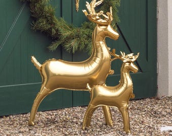 Globo grande de papel de aluminio con forma de reno dorado: decoración navideña de pie (110 x 64 cm)