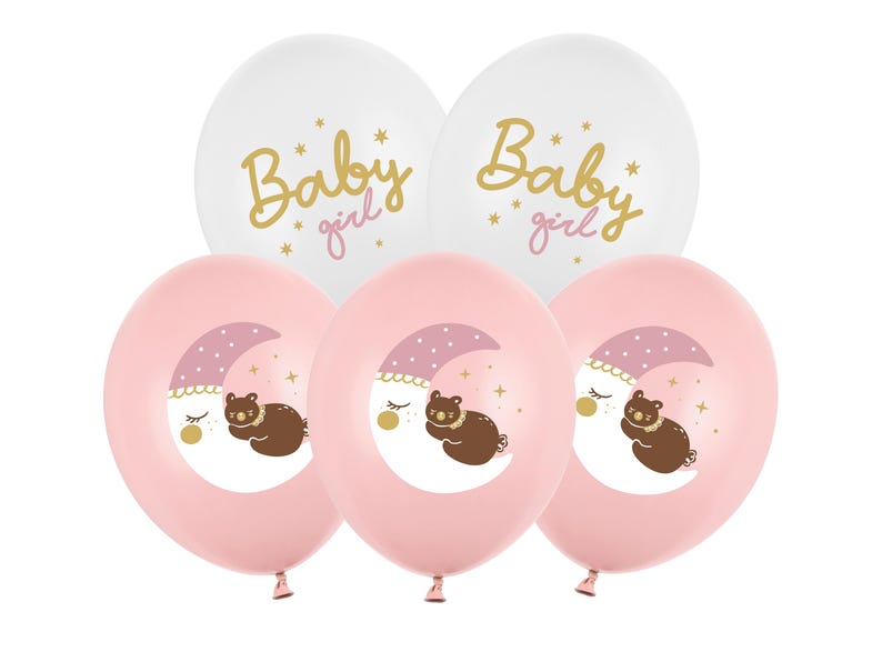 May include: Set of six pink and white balloons with a baby girl theme. The pink balloons have a sleeping bear on a crescent moon with stars. The white balloons have the text "Baby girl" in gold lettering.