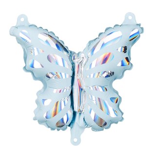 May include: A light blue iridescent foil butterfly balloon. The balloon is shaped like a butterfly with wings and an antenna.