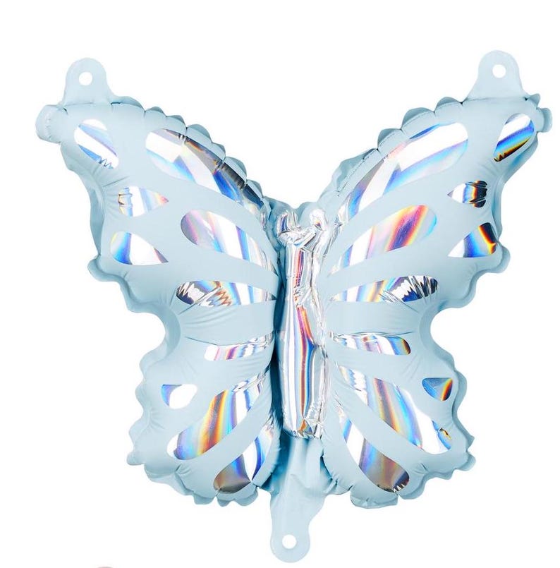 May include: A light blue iridescent foil butterfly balloon. The balloon is shaped like a butterfly with wings and an antenna.