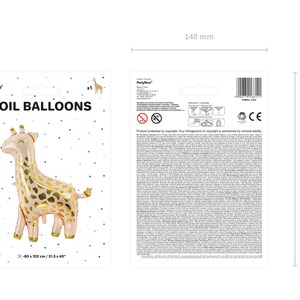 May include: A gold foil balloon shaped like a giraffe. The balloon is 80 cm x 102 cm or 31.5 inches x 40 inches. The balloon is on a white background with small confetti dots.