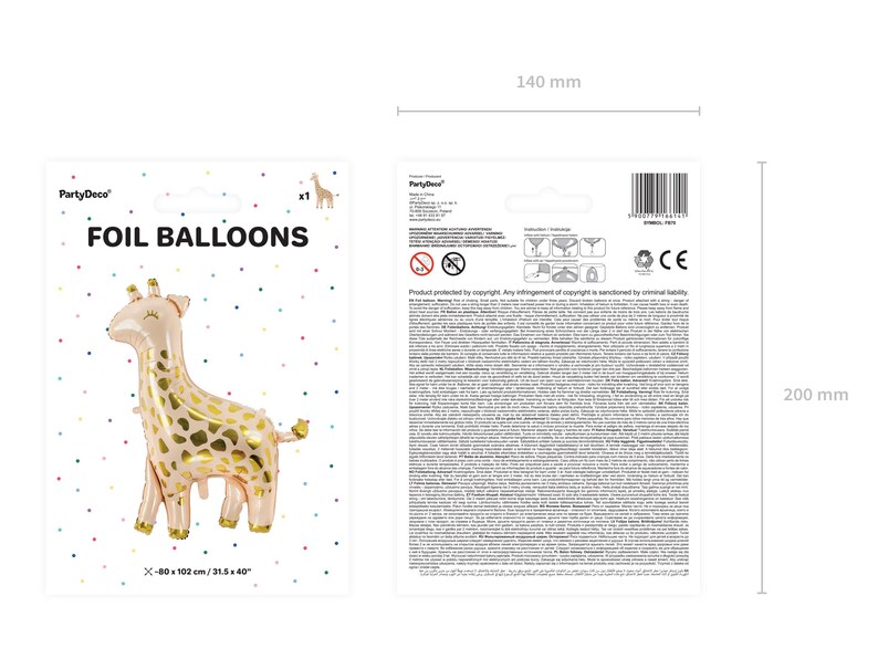May include: A gold foil balloon shaped like a giraffe. The balloon is 80 cm x 102 cm or 31.5 inches x 40 inches. The balloon is on a white background with small confetti dots.
