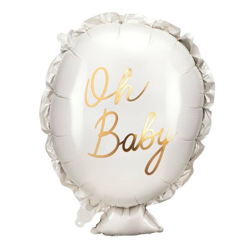 White foil balloon with gold 'Oh Baby' text – elegant baby shower decoration for gender reveal, pregnancy announcement, or new baby party backdrop.