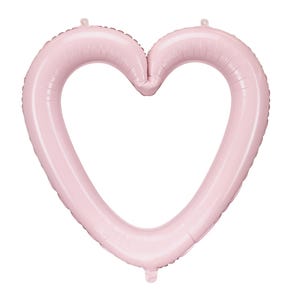 Light pink heart shaped foil balloon frame with open center, approx. 29 x 28.5 inches inflated, wedding and bridal shower decor