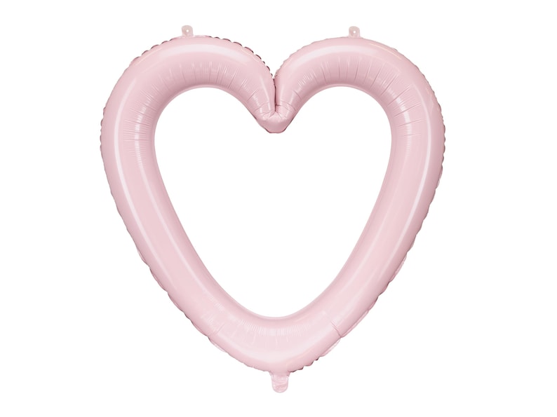 Light pink heart shaped foil balloon frame with open center, approx. 29 x 28.5 inches inflated, wedding and bridal shower decor