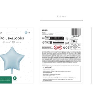 Light blue star-shaped foil balloon by PartyDeco, size 48 cm (19 inches) when inflated, 40 cm (16 inches) without inflation, perfect for birthdays, baby showers, and party decorations.