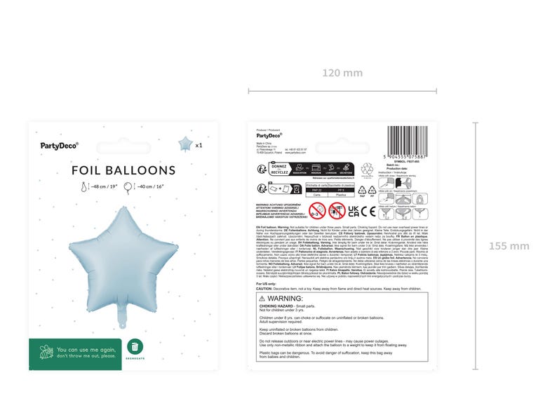 Light blue star-shaped foil balloon by PartyDeco, size 48 cm (19 inches) when inflated, 40 cm (16 inches) without inflation, perfect for birthdays, baby showers, and party decorations.