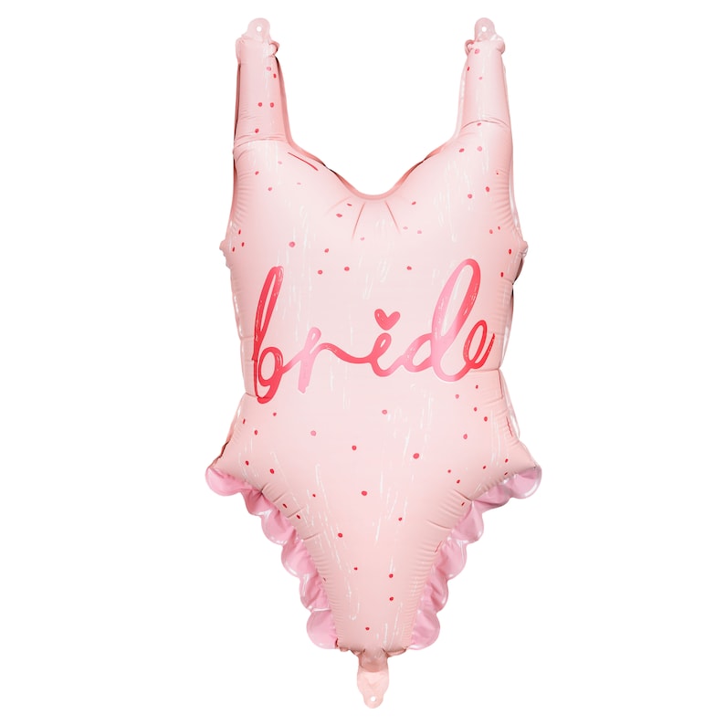 May include: Pink bride-to-be balloon shaped like a swimsuit with white polka dots and the word "bride" in pink lettering.