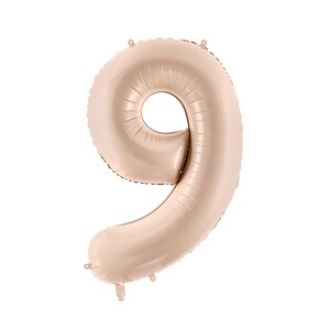 Beige number 9 foil balloon, large neutral birthday decoration for ninth birthday or milestone celebration