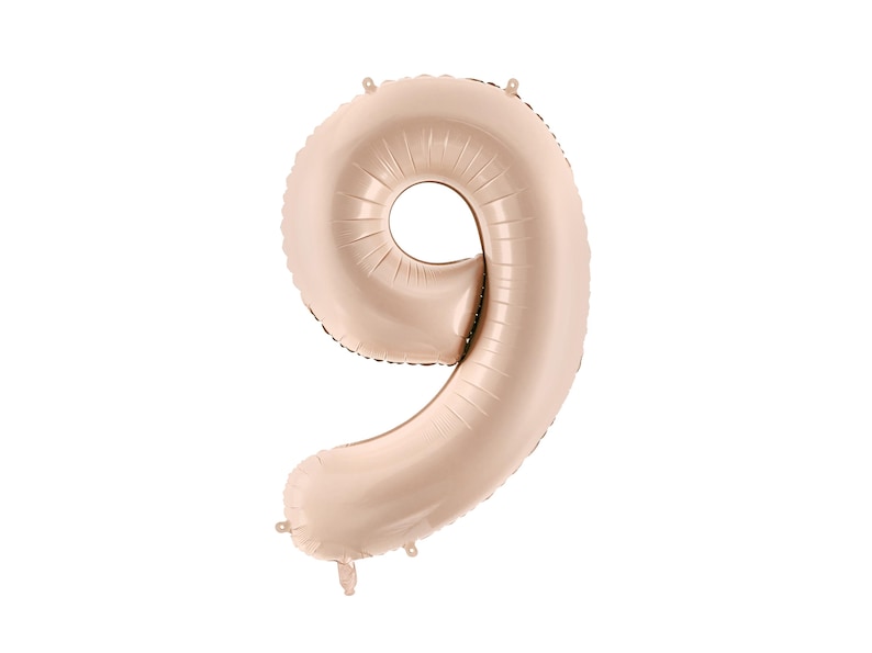 Beige number 9 foil balloon, large neutral birthday decoration for ninth birthday or milestone celebration