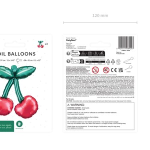 K&ouml;nnte beinhalten: Folienballons in Form von Kirschen. Die Ballons sind rot mit gr&uuml;nen Stielen und Bl&auml;ttern. Die Verpackung ist wei&szlig; mit dem Text "FOIL BALLOONS" und "PartyDeco". Ma&szlig;e: 28,5 cm x 31 cm.