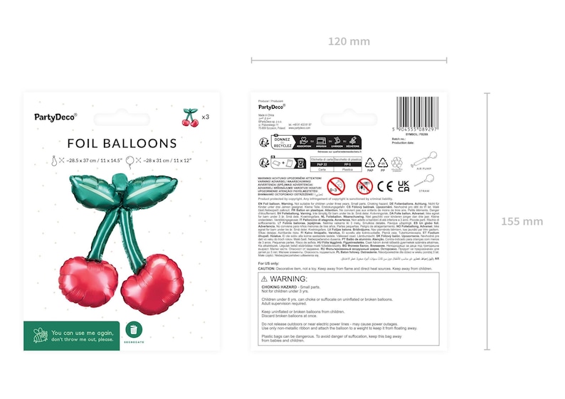 K&ouml;nnte beinhalten: Folienballons in Form von Kirschen. Die Ballons sind rot mit gr&uuml;nen Stielen und Bl&auml;ttern. Die Verpackung ist wei&szlig; mit dem Text "FOIL BALLOONS" und "PartyDeco". Ma&szlig;e: 28,5 cm x 31 cm.