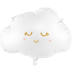 Dreamy white cloud foil balloon with closed eyes, pink cheeks and metallic gold details for baby shower decor