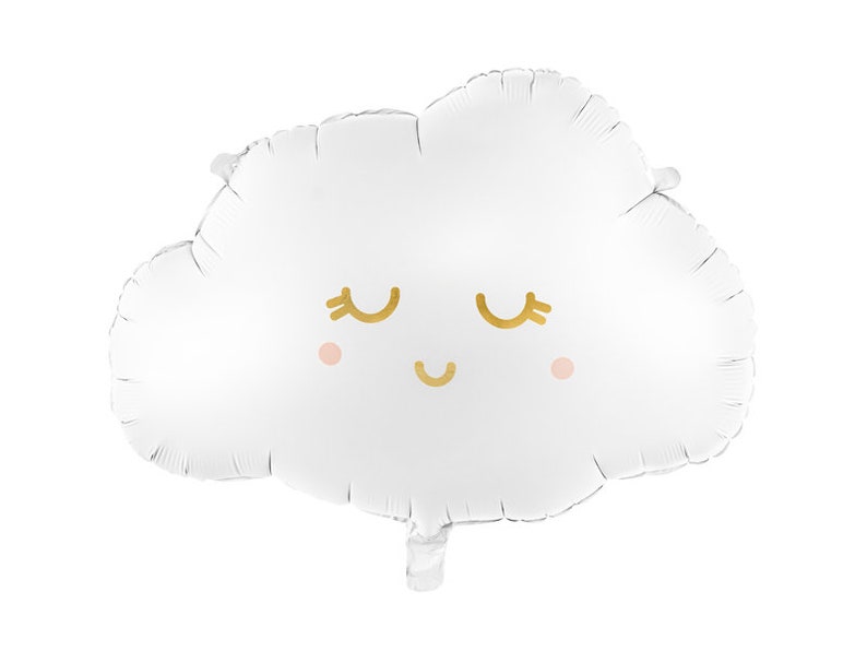 Dreamy white cloud foil balloon with closed eyes, pink cheeks and metallic gold details for baby shower decor