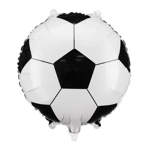 May include: A black and white soccer ball-shaped balloon. The balloon is inflated and features the classic pentagonal and hexagonal panel design of a soccer ball. It is a festive decoration for sports-themed parties.